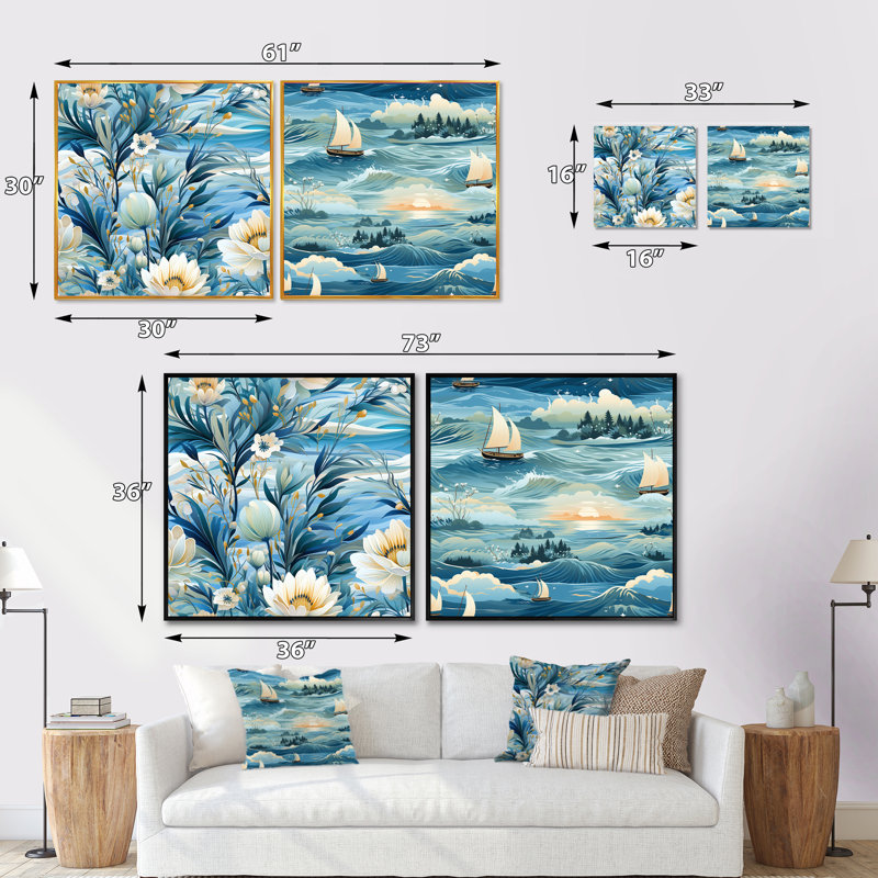 Alleta - Ensemble de 2 collages nautiques et carrés de plage, Cadre flottant blanc, H 30 po x l 61 po