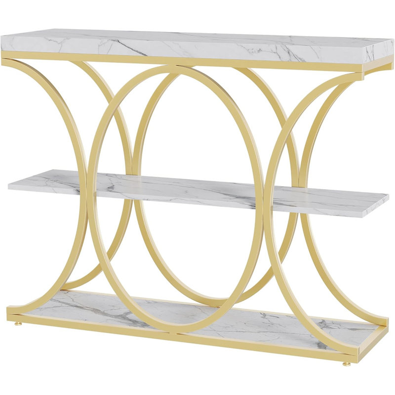 39" Narrow Industrial Console Table with 3-Tier Storage for Entryway, Living Room & Hallway, White/Gold
