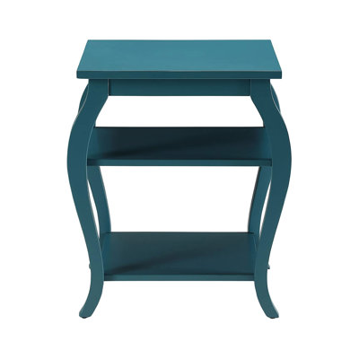 Teal End Table With Square Top And 2 Shelves, Wooden Legs, Open Storage Solution, 18x18x23 Inches Shelves For Storage, Main Body, 18x18 Base