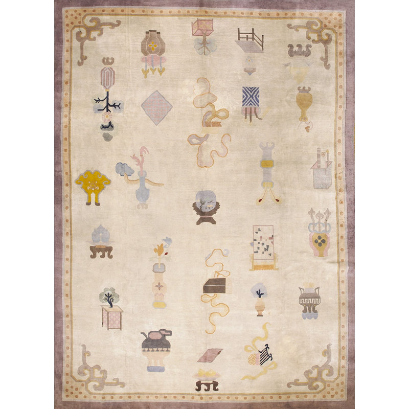 Antique Peking Chinese Geometric Ivory Beige Cream White 1920s Rug