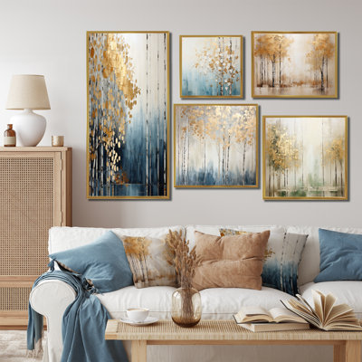 Minimalisme - Forêt bleue et dorée - ensemble de 5 impressions sur toile