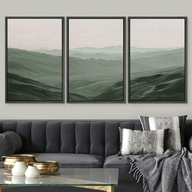 Abstrait paysage roulant vert montagne montagne environnement nature sauvage 3 pièces, H 24 po x l 16 po x P 1,5 po