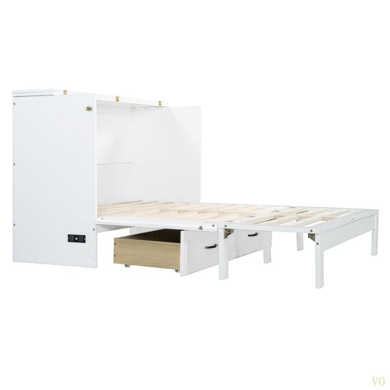 Lit escamotable double avec grands tiroirs, Lit double, Blanc