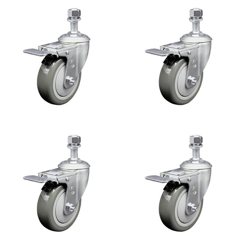 4 Inch SS Gray Polyurethane ½ Inch Threaded Stem Caster Set Total Lock Brake