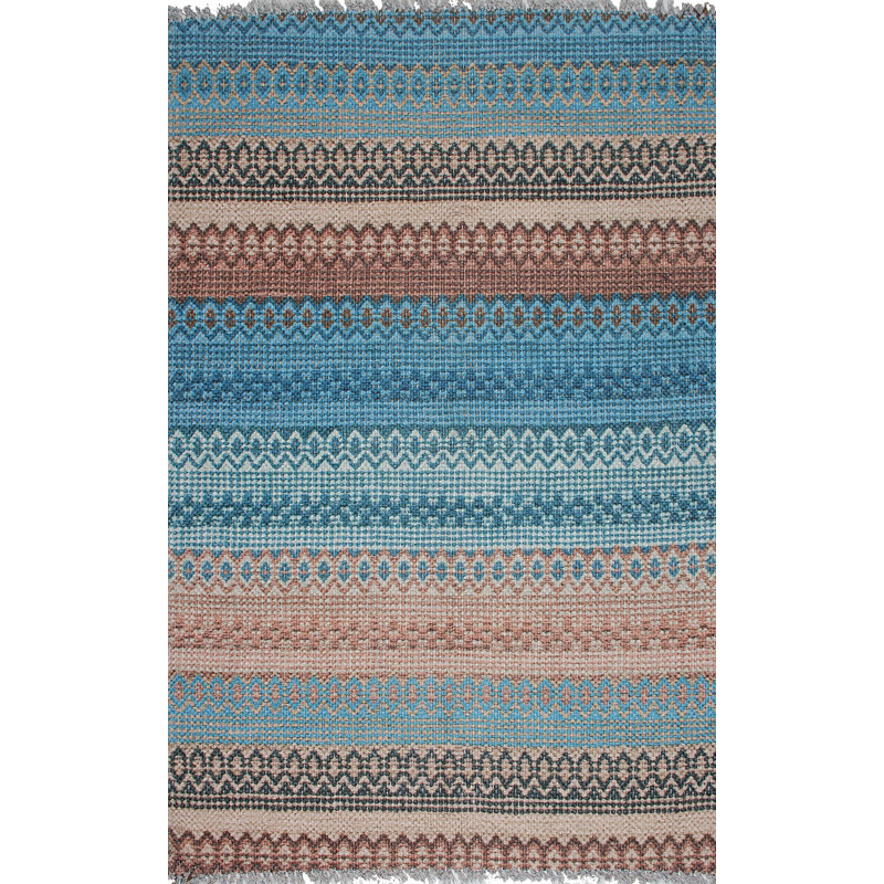 Tapis rectangulaire rectangulaire en polyester tissé à la machine en bleu / brun, Rectangle 4 pi 11 po x 7 pi 7 po