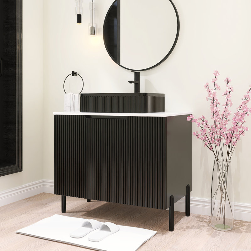 30 po Ensemble de meuble-lavabo simple sur pied Largeur avec lavabo vasque en céramique et comptoir blanc Carrara, Noir