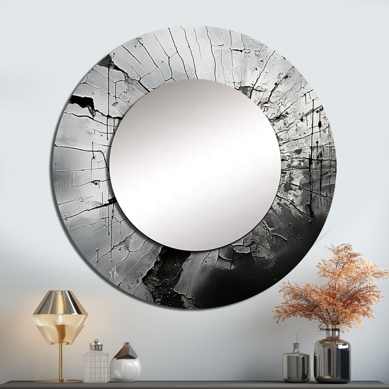 Geode de pierre grise minimisée I - miroir mural unique en pierre spirituelle, miroir rond noir, impression d'art en métal