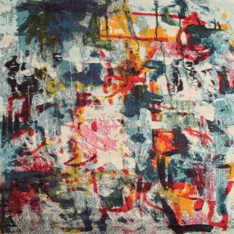 Tapis bleu/rose contemporain, Carré 3 pi