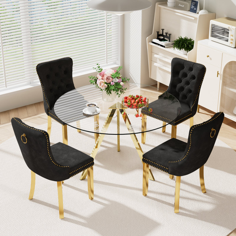 5-Piece Pedestal Gold Dining Set, Black, 30" H x 47" W x 47" D