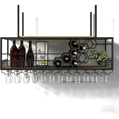 47.2In Ceiling Wine Glass Rack, Large Capacity Hanging Wine Rack, Honeycomb Hanging Wine Racks For Wine Bottles, Wine Storage Display Rack For Home Bar Dining Room Kitchen ( Black , 47.2Inch/120Cm）