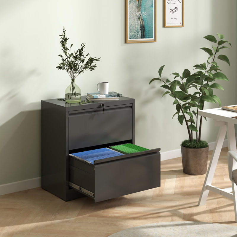 Black Steel 2-Drawer Lockable Lateral File Cabinet