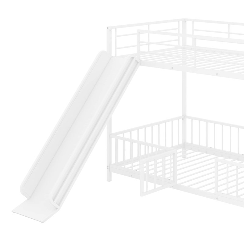 Metal Bunk Bed With Slide And Guardrails, Twin Over Twin, White