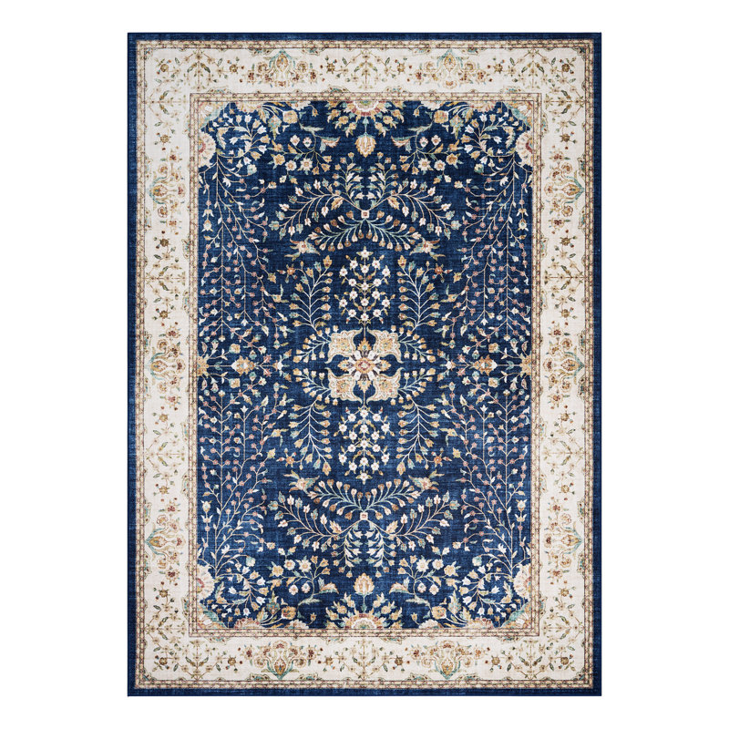  Tapis d'intérieur lavable à la machine Everyday Chic, imprimé en flanelle de polyester doux avec envers antidérapant, bleu marine Seda
