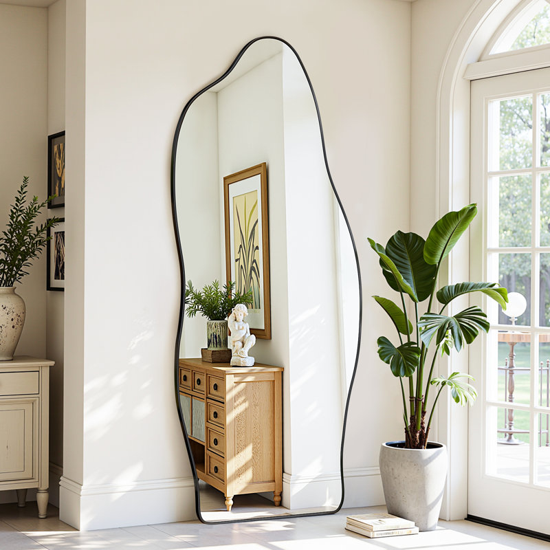 Full Length Mirror, Wavy Shaped Floor Mirror With Stand, Decorative Irregular Leaning Or Hanging Mirror For Bedroom, Living Room Entryway Decor
