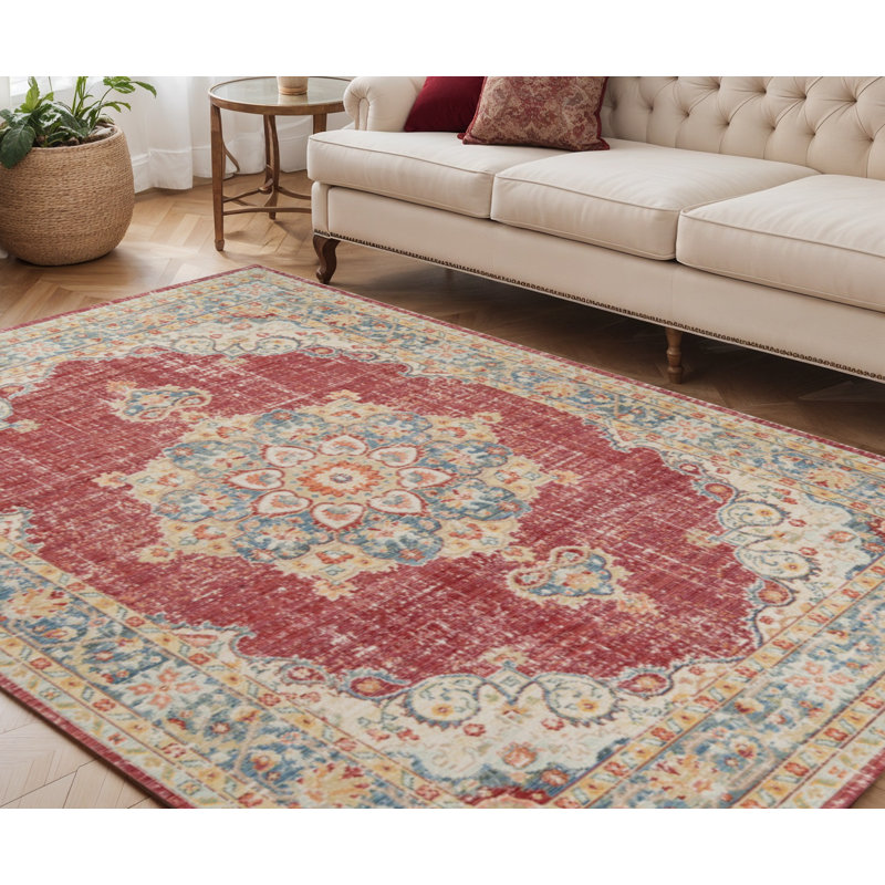 Tapis médaillon rouge et or 5 pi x 8 pi orange