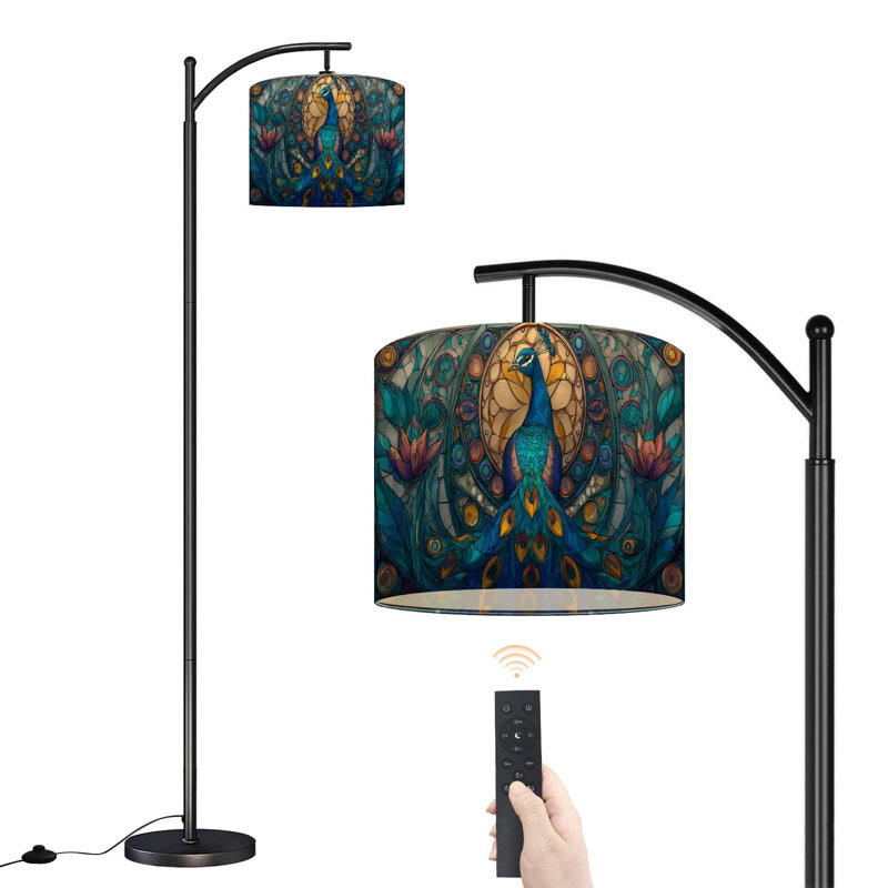 Arc Floor Lamp with Adjustable Lampshade Abstract Peacock Stained Glass Green Blue Purple Standing Lamp 3 Color Temperatures Dimmable Tall Pole Lamp with Foot Switch for Bedroom