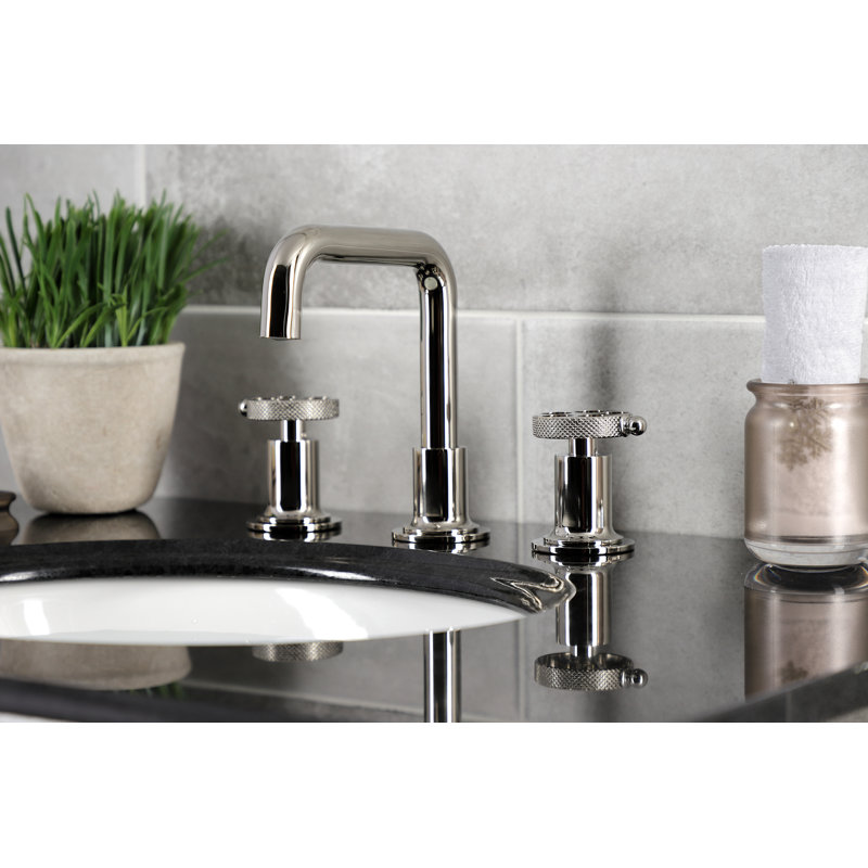 Kingston Brass Webb Two-Handle 3-Hole Deck Mount Widespread Bathroom Faucet with Knurled Handle and Push Pop-Up Drain