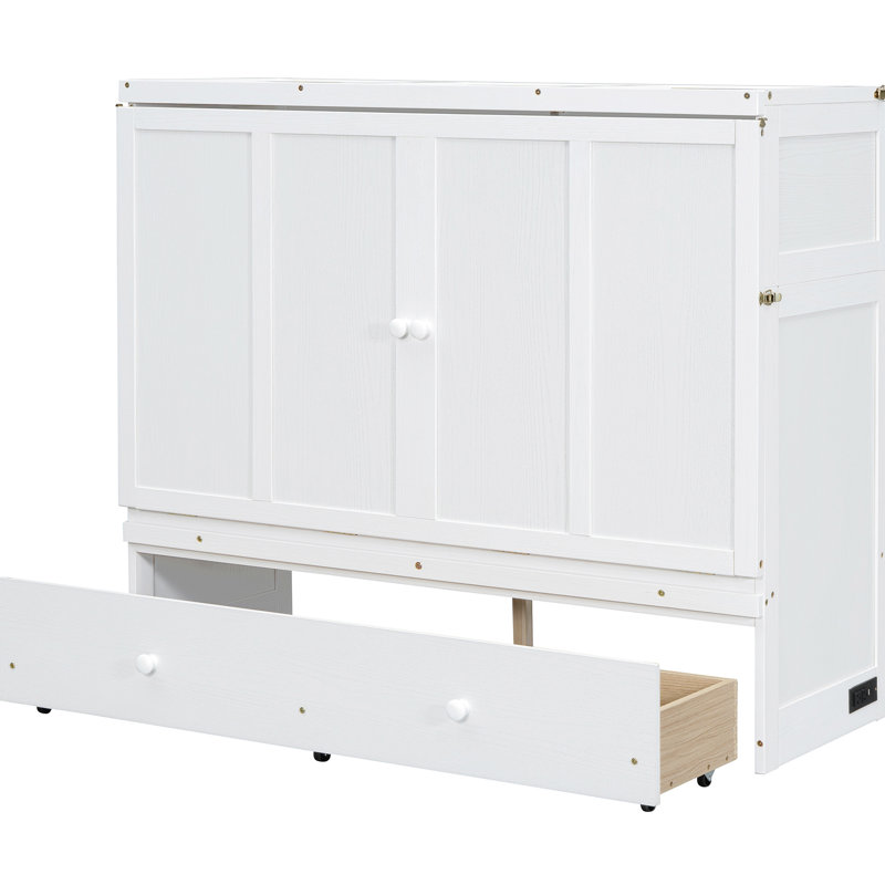 Lit blanc avec port et armoire spacieuse avec tiroir - Stable et vaste rangement, Full, White