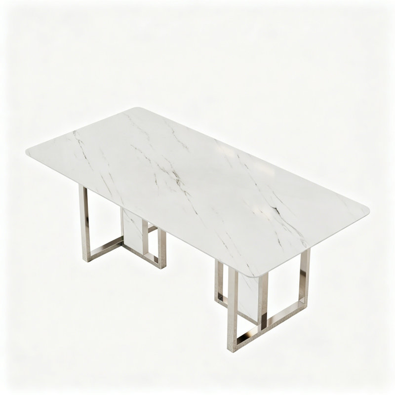 Spacious Marble-Patterned Rectangular Dining Set With Faux Leather Chairs, 7 Pieces: Table, 6 Chairs, Beige/Dark Gray