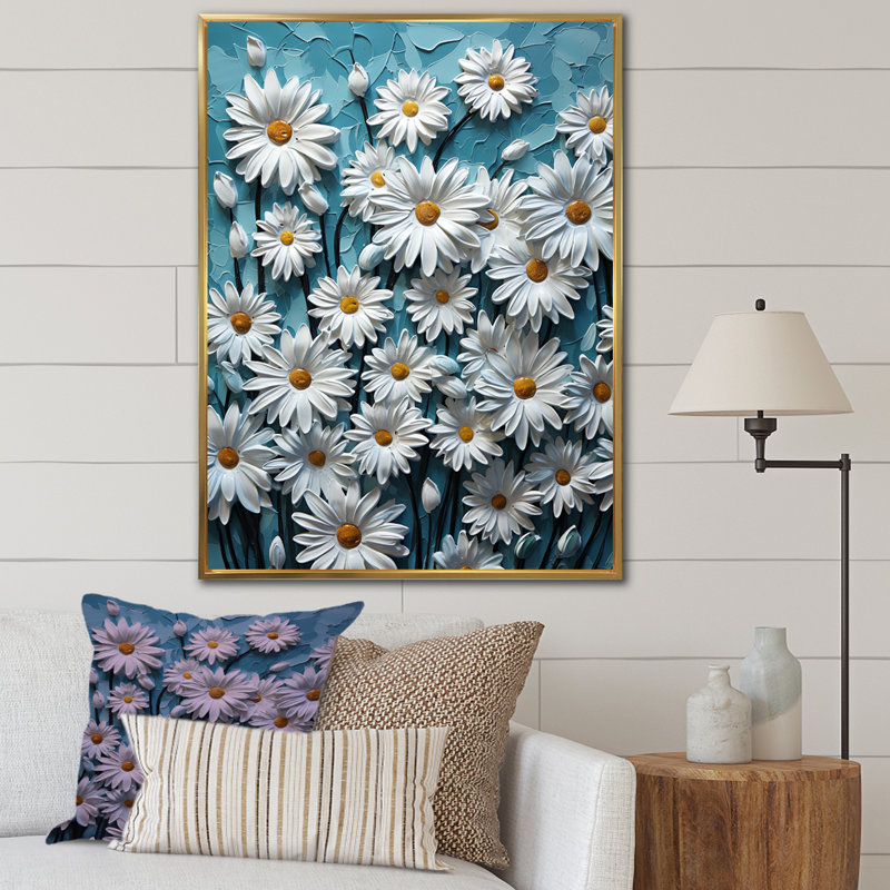 «White Daisy Meadow Elegance III», reproduction sur toile, H 32 po x l 16 po x P 1 po, Cadre flottant doré