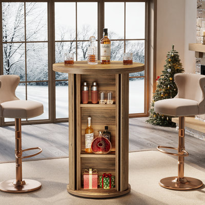 Round Fluted Bar Table, 35.4" H Bistro Cocktail Table With 3 - Tier Storage, High Top Pub Unit With Sliding Tambour Door For Home Bar, Kitchen & Divin