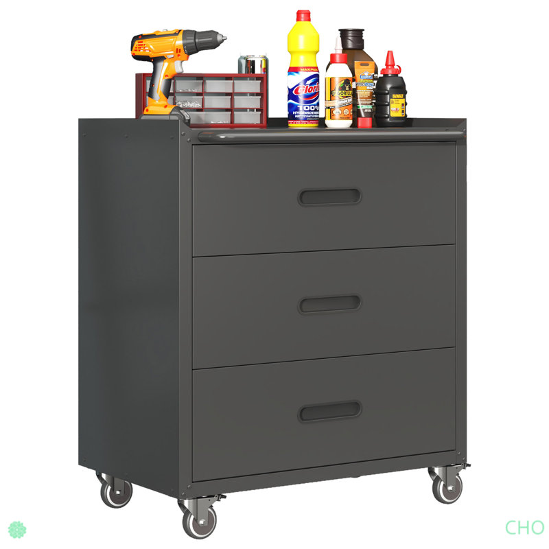 Heavy-Duty Metal Storage Cabinet With Wheels - 3 Drawer Tool Cabinet For Garage, Office, And Home Organizer Solutions, Black/Gray