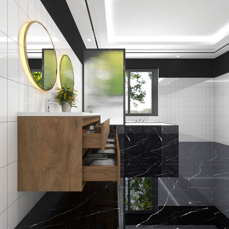 Meuble-lavabo mural double l 59,5 po x P 19,6 po x H 21,75 po Willandra, Chêne naturel