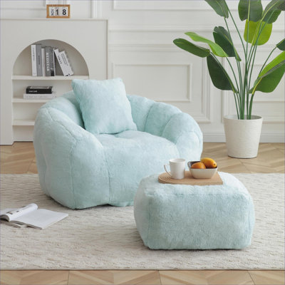 Fauteuil à billes surdimensionné en fausse fourrure de couleur bleue avec tabouret pour le salon et la lecture