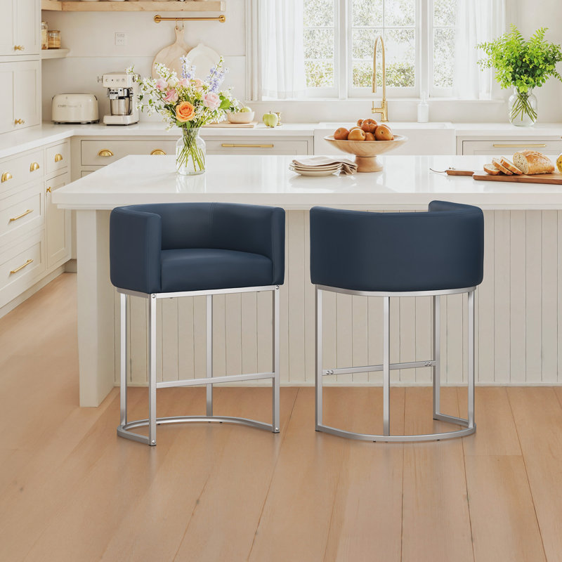 Modern Upholstered Counter Stool with Metal Frame, Silver, Navy Blue