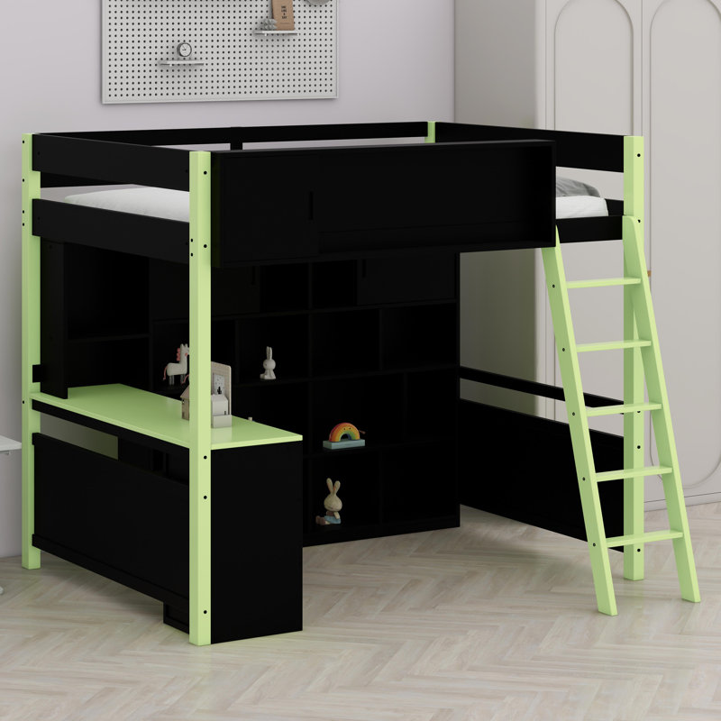 Lit mezzanine en bois avec bureau, Vert