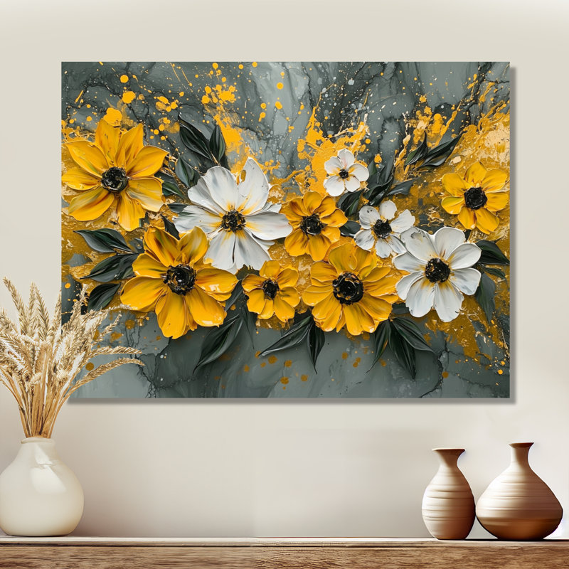 Fleurs abstraites jaunes, jardin gris abstrait - art mural floral, H 30 po x l 40 po, Toile tendue, Does Not Apply