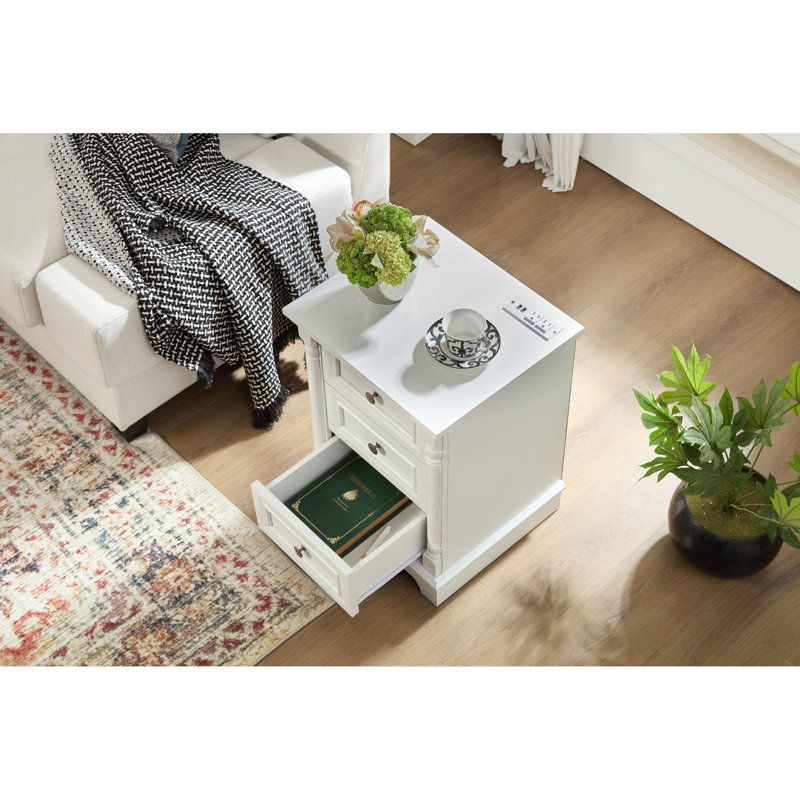 Tables de chevet en bois rustique avec station de charge, style maison de campagne en MDF blanc