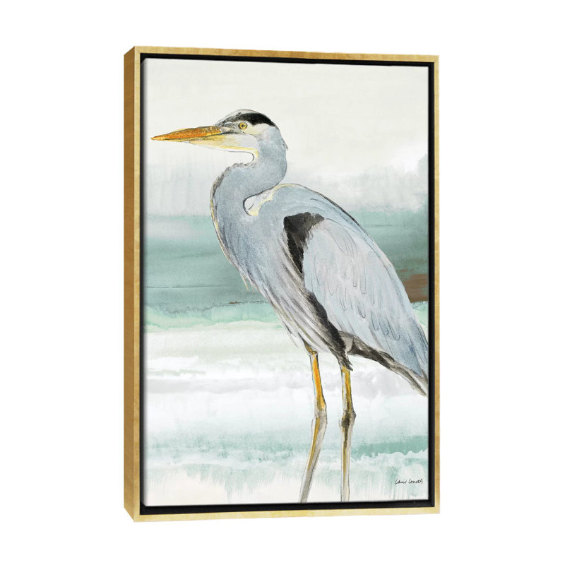 Reproduction d’art, "Heron on Seaglass I" par Lanie Loreth, H 60 po x l 40po x P 1,5 po, Toile encadrée d'or, Pas de tapis