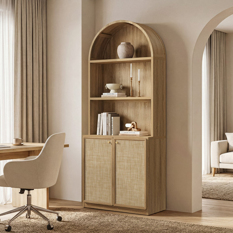 80" Boho Arched Bookcase with Rattan Doors and Adjustable Shelves, 1