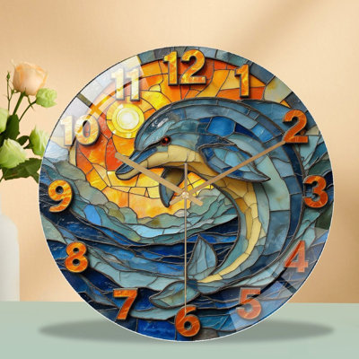Horloge murale vitrail dauphin - 12 po