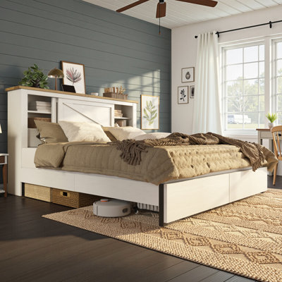 47.2"H Bed Frame With 2 Storage Drawers & Hidden Space Bookcase Headboard