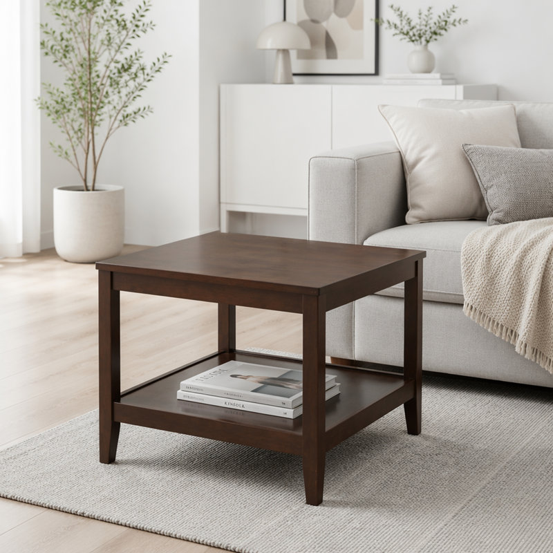 Table de bout en bois massif avec rangement à 2 niveaux, compacte et polyvalente pour le salon et la chambre à coucher