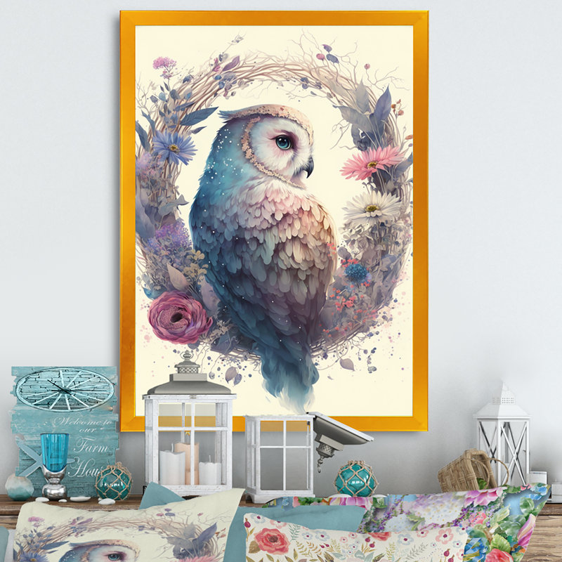 «Cute Owls Floral III», impression sur toile, H 32 po x l 16 po x P 1 po, Cadre photo doré