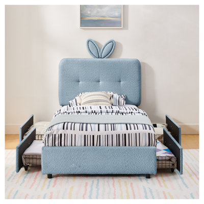 Lit simple tapissier pour enfant avec tête de lit surdimensionnée en tissu bleu marine