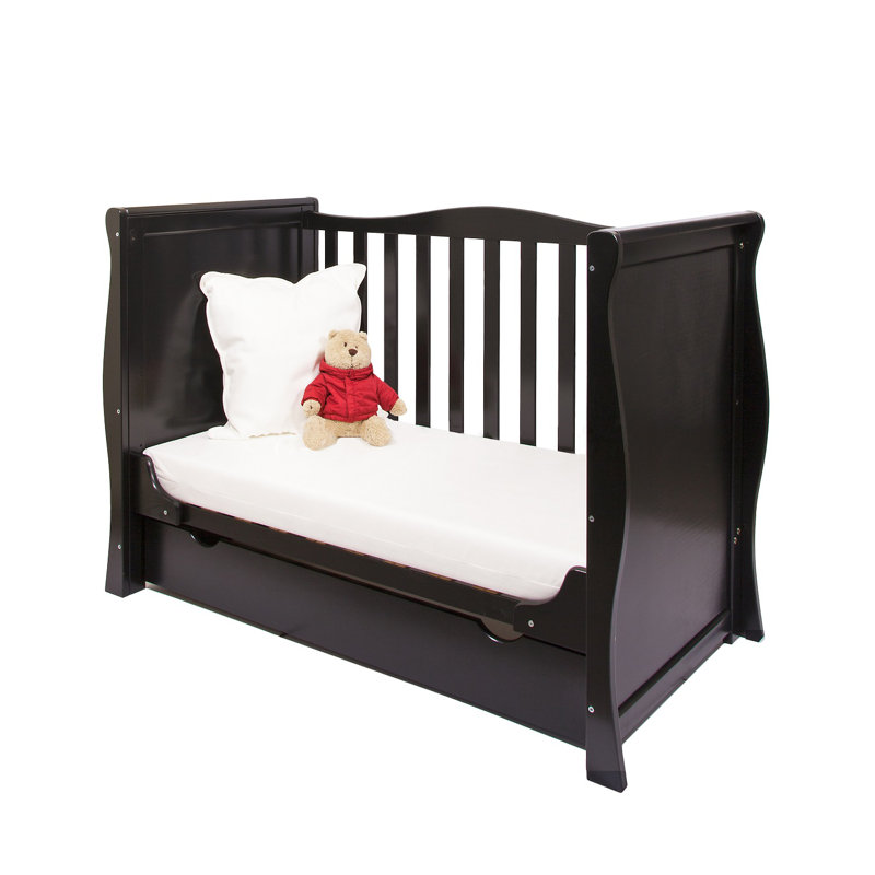 Willow Sleigh Mini Cot Bed Black With Drawer And Bamboo Mattress 