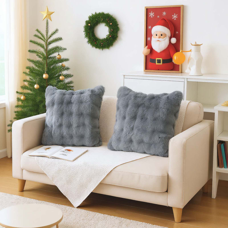 Ensemble de 2 housses de coussin en fausse fourrure de lapin 18 po x 18 po pour canapé et lit, Gris anthracite
