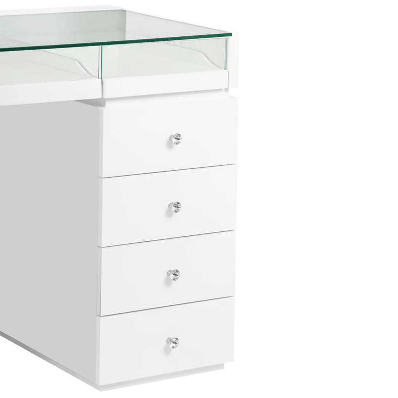 Ensemble de coiffeuse avec plateau en verre et 4 unités de tiroir Slay Station Bella, boutons de tiroir Crystal Lux 