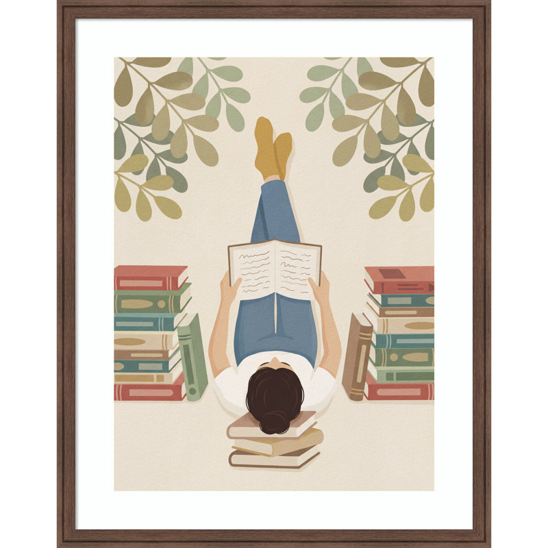 «Allongé sur mon dos, lecture d'un livre» par Andreas Magnusson, reproduction d'art encadrée en bois, Brun moyen Florence