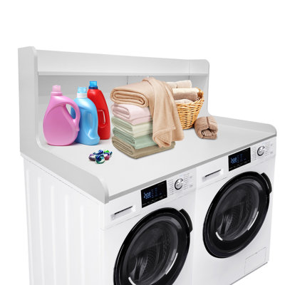 Comptoir de laveuse-sécheuse à 2 niveaux, dessus de buanderie en bois de 54 po x 27,55 po avec rails de bord de 2,75 po, tablette de rangement résistante à l'eau pour l'organisation de la salle de lavage