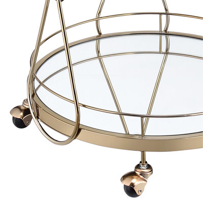 Chariot de service Brilliant Champagne, 2 compartiments ouverts pour le rangement, tablette en verre trempé transparent, base en miroir de 5 mm, cadre et poignée en métal, chariot de service à roulettes de couleur mobile, type rond,