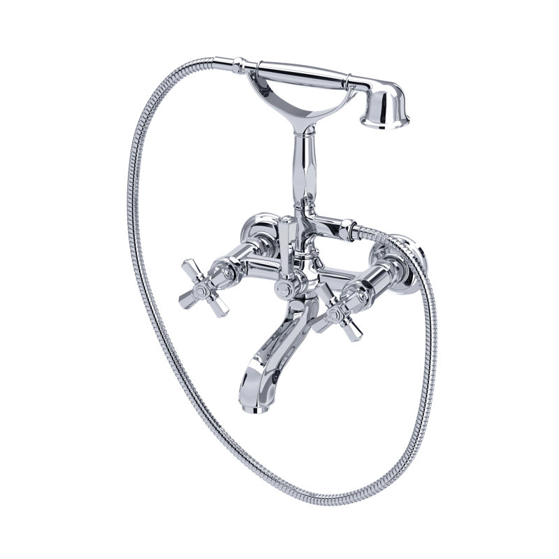 Palladian Exposed Wall Mount Tub Filler, Polished Chrome, Industrial Metal Cross Handle