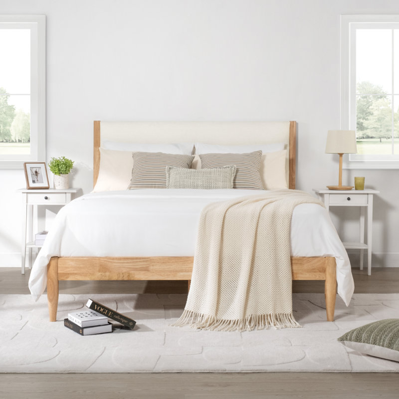 Nasia Solid Wood Boucle Upholstered Headboard Bed Frame, Queen, Cream