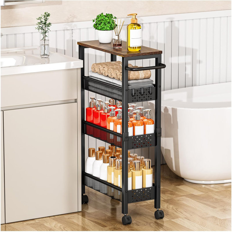 Chariot de rangement utilitaire mince avec roulettes, étagère de rangement à 4 niveaux avec plateau en bois