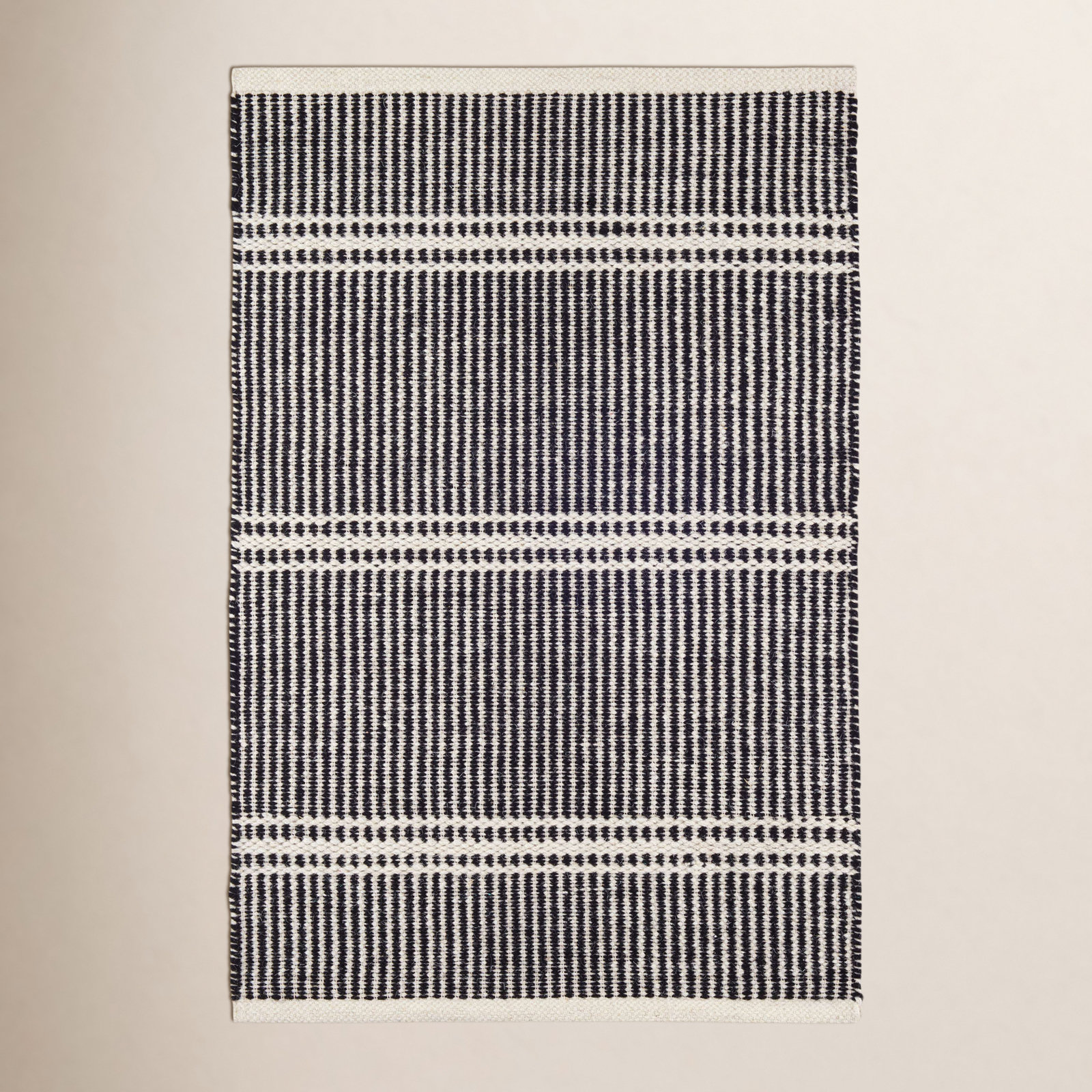 Malta Hand-Woven Striped Wool Rug, Rectangle 5' x 8', Black/Ivory