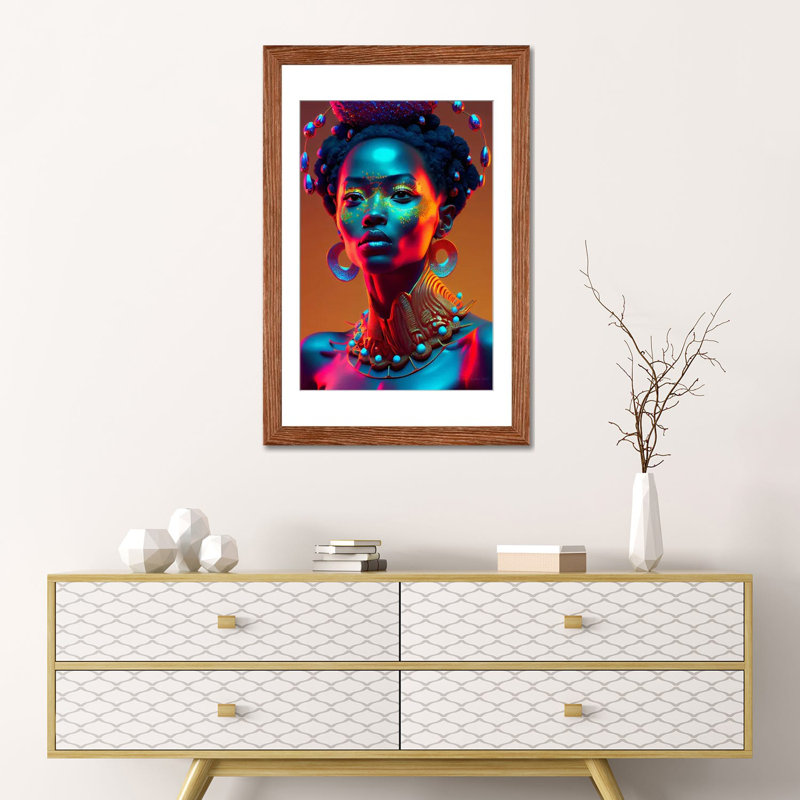 Afrofuturist African Royalty Queen I, Classic Wood Open Corner Frame Paper, 24" H x 16" W x 1" D